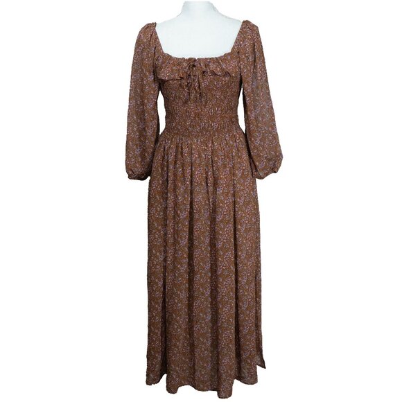 Code x Mode Peasant Dress Milk Maid Liberty Floral Hippie 70s Brown Autumn Maxi - Picture 15 of 15